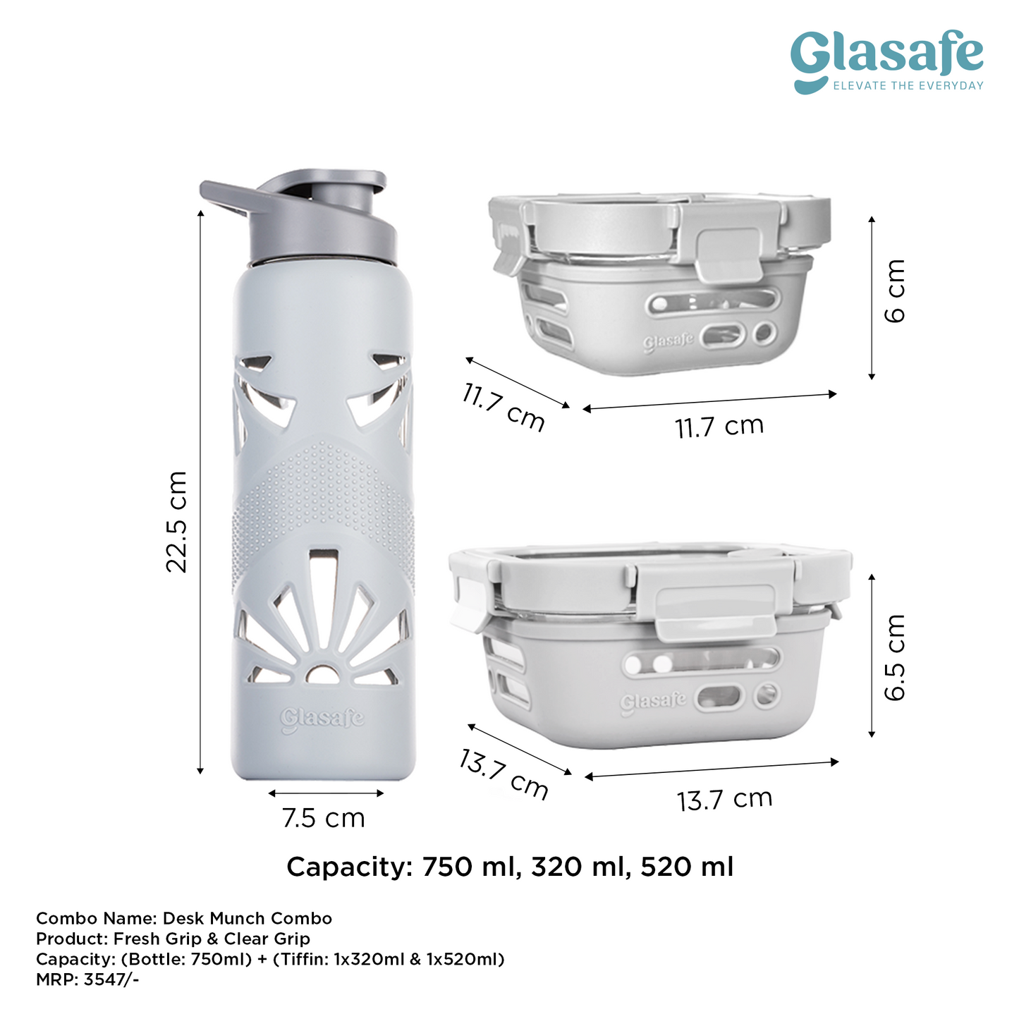 Glasafe Desk Munch Office Combo Set of 3 (Tiffin: 320mlx1 + 520mlx1 + Bottle: 750ml)