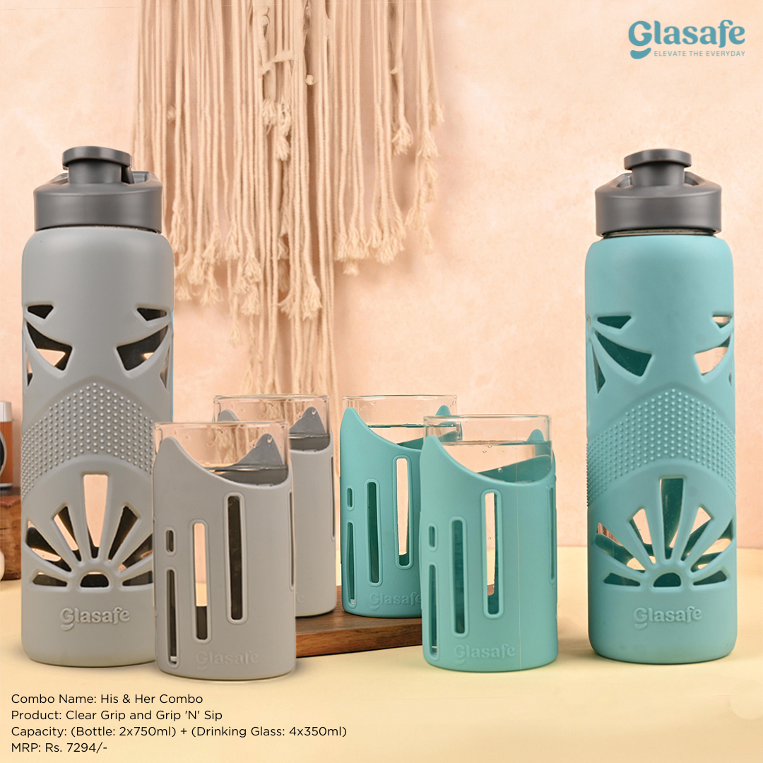 Glasafe His & Her Combo Set Of 6 (Bottle 750mlX2 + Drinking Glass 350mlX4)
