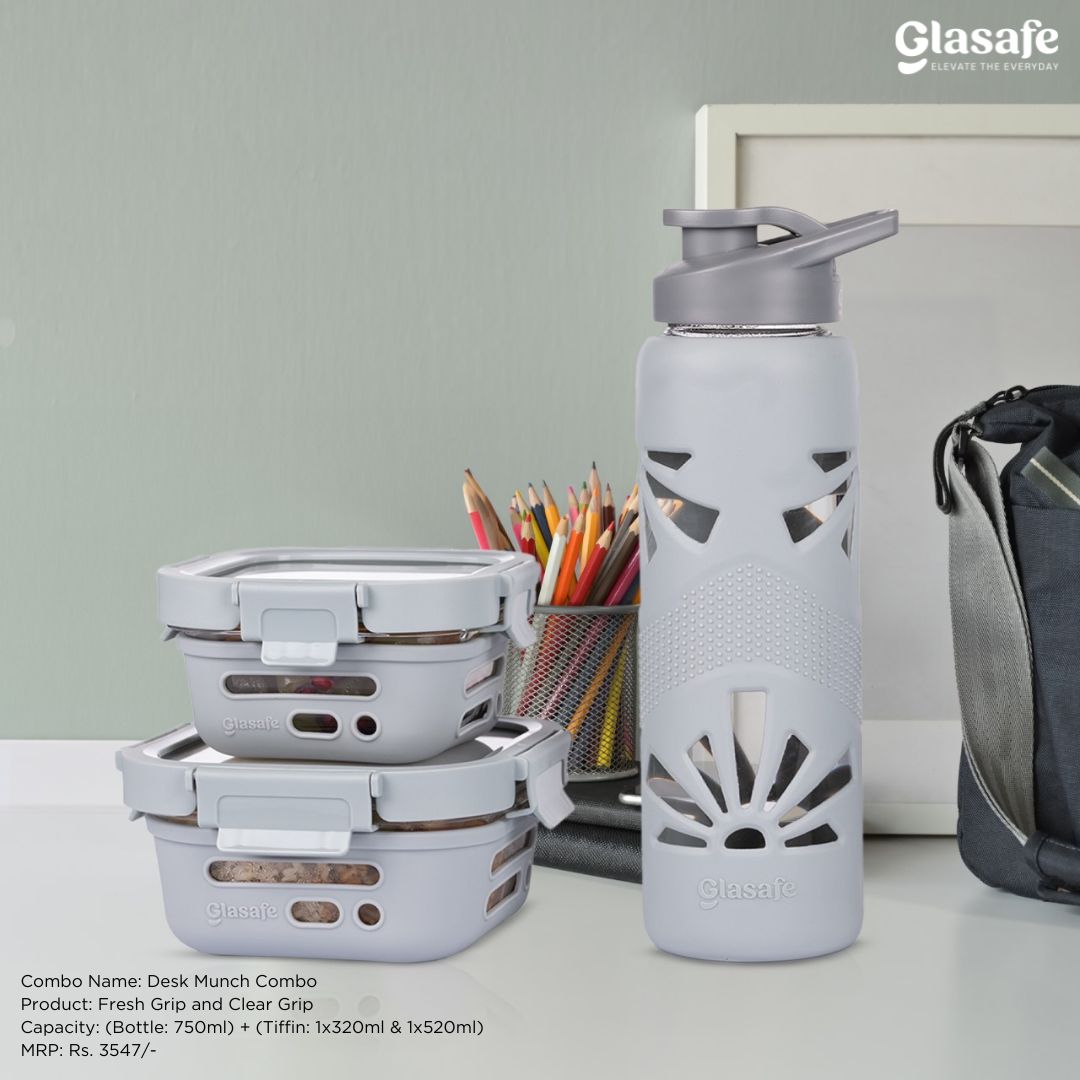 Glasafe Desk Munch Office Combo Set of 3 (Tiffin: 320mlx1 + 520mlx1 + Bottle: 750ml)