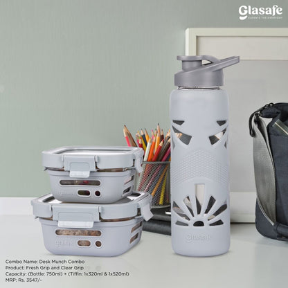 Glasafe Desk Munch Office Combo Set of 3 (Tiffin: 320mlx1 + 520mlx1 + Bottle: 750ml)