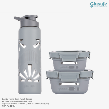 Glasafe Desk Munch Office Combo Set of 3 (Tiffin: 320mlx1 + 520mlx1 + Bottle: 750ml)
