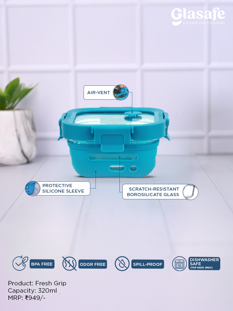 Glasafe Office Meal Combo with Lunch Bag Set of 5 (Tiffin: 320mlx1 + 520mlx2 + Bottle: 750ml)