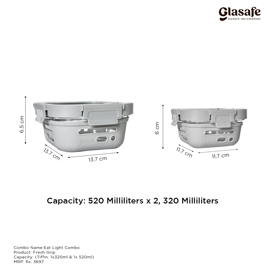 Glasafe Eat Light Combo with Lunch bag Set of 3 (Tiffin: 320mlx1 + 520mlx1)