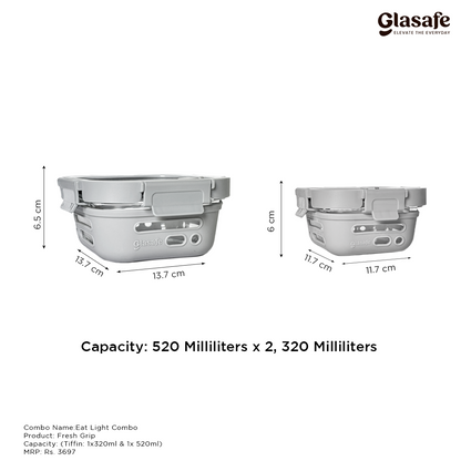Glasafe Eat Light Combo with Lunch bag Set of 3 (Tiffin: 320mlx1 + 520mlx1)