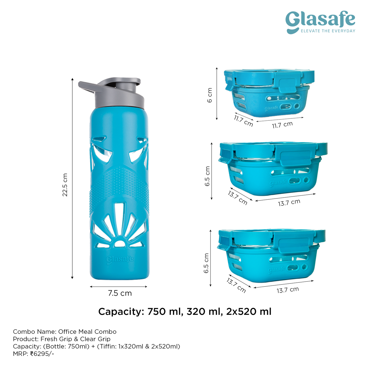 Glasafe Office Meal Combo with Lunch Bag Set of 5 (Tiffin: 320mlx1 + 520mlx2 + Bottle: 750ml)