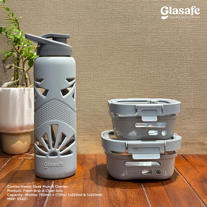 Glasafe Desk Munch Office Combo Set of 3 (Tiffin: 320mlx1 + 520mlx1 + Bottle: 750ml)