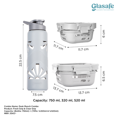 Glasafe Desk Munch Office Combo Set of 3 (Tiffin: 320mlx1 + 520mlx1 + Bottle: 750ml)