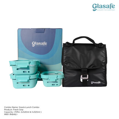 Glasafe Snack Lunch Combo with Lunch Bag Set of 3 (Tiffin: 320mlx1 + 520mlx2)