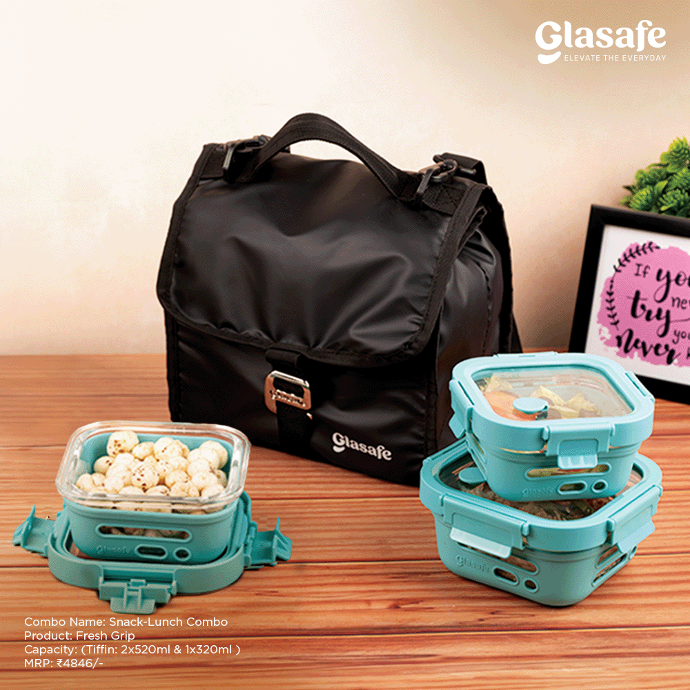 Glasafe Snack Lunch Combo with Lunch Bag Set of 3 (Tiffin: 320mlx1 + 520mlx2)