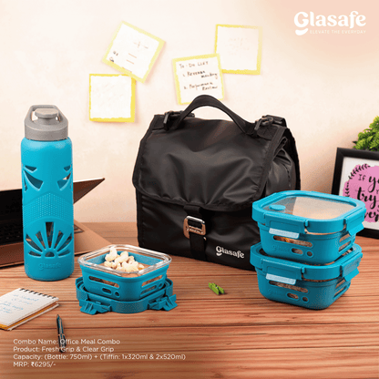 Glasafe Office Meal Combo with Lunch Bag Set of 5 (Tiffin: 320mlx1 + 520mlx2 + Bottle: 750ml)