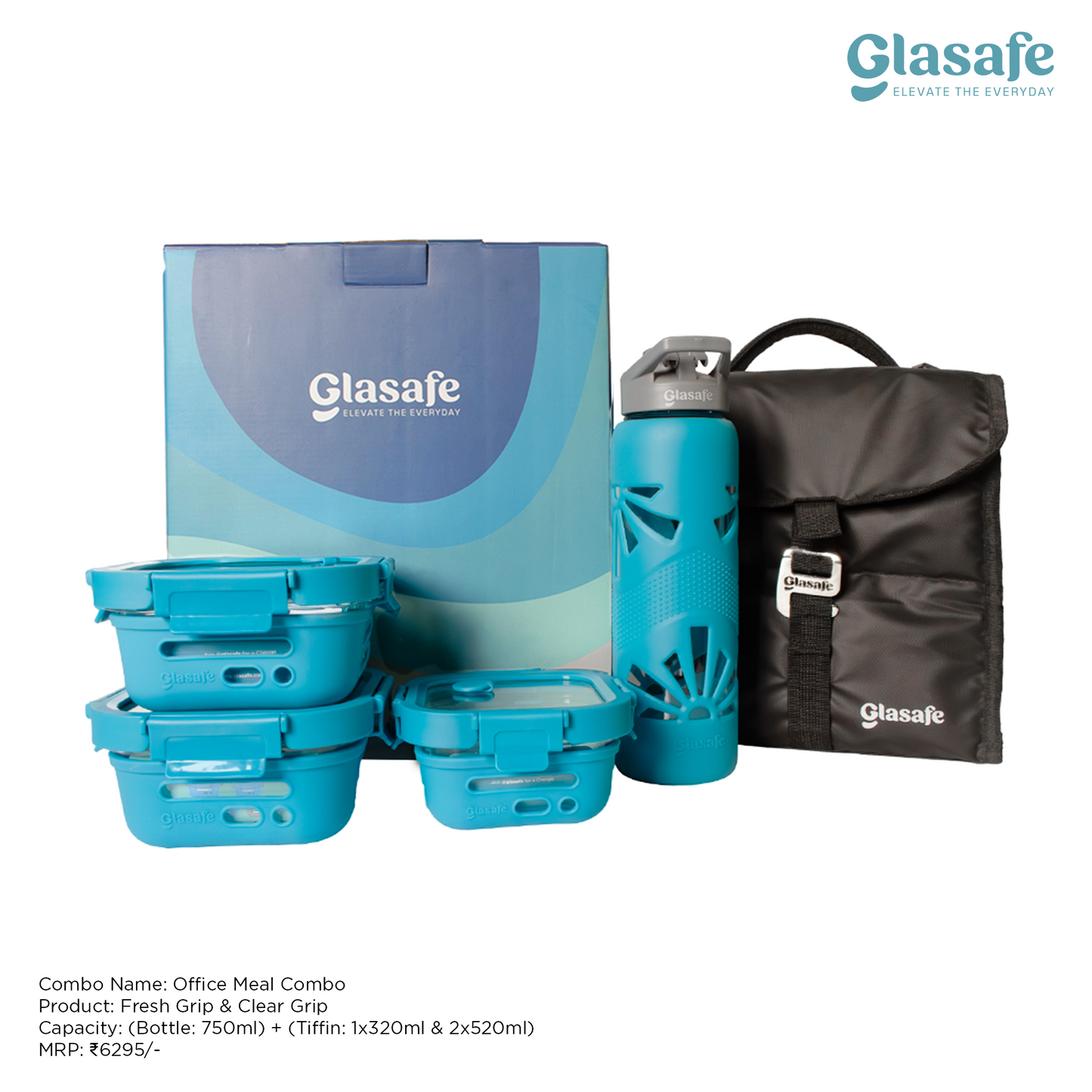 Glasafe Office Meal Combo with Lunch Bag Set of 5 (Tiffin: 320mlx1 + 520mlx2 + Bottle: 750ml)