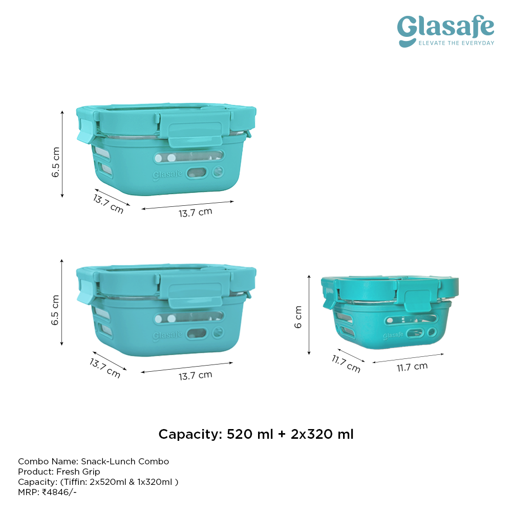 Glasafe Snack Lunch Combo with Lunch Bag Set of 3 (Tiffin: 320mlx1 + 520mlx2)