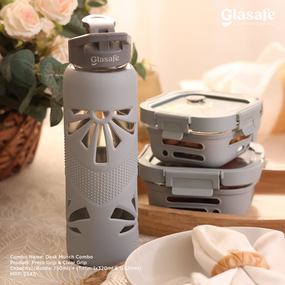 Glasafe Desk Munch Office Combo Set of 3 (Tiffin: 320mlx1 + 520mlx1 + Bottle: 750ml)