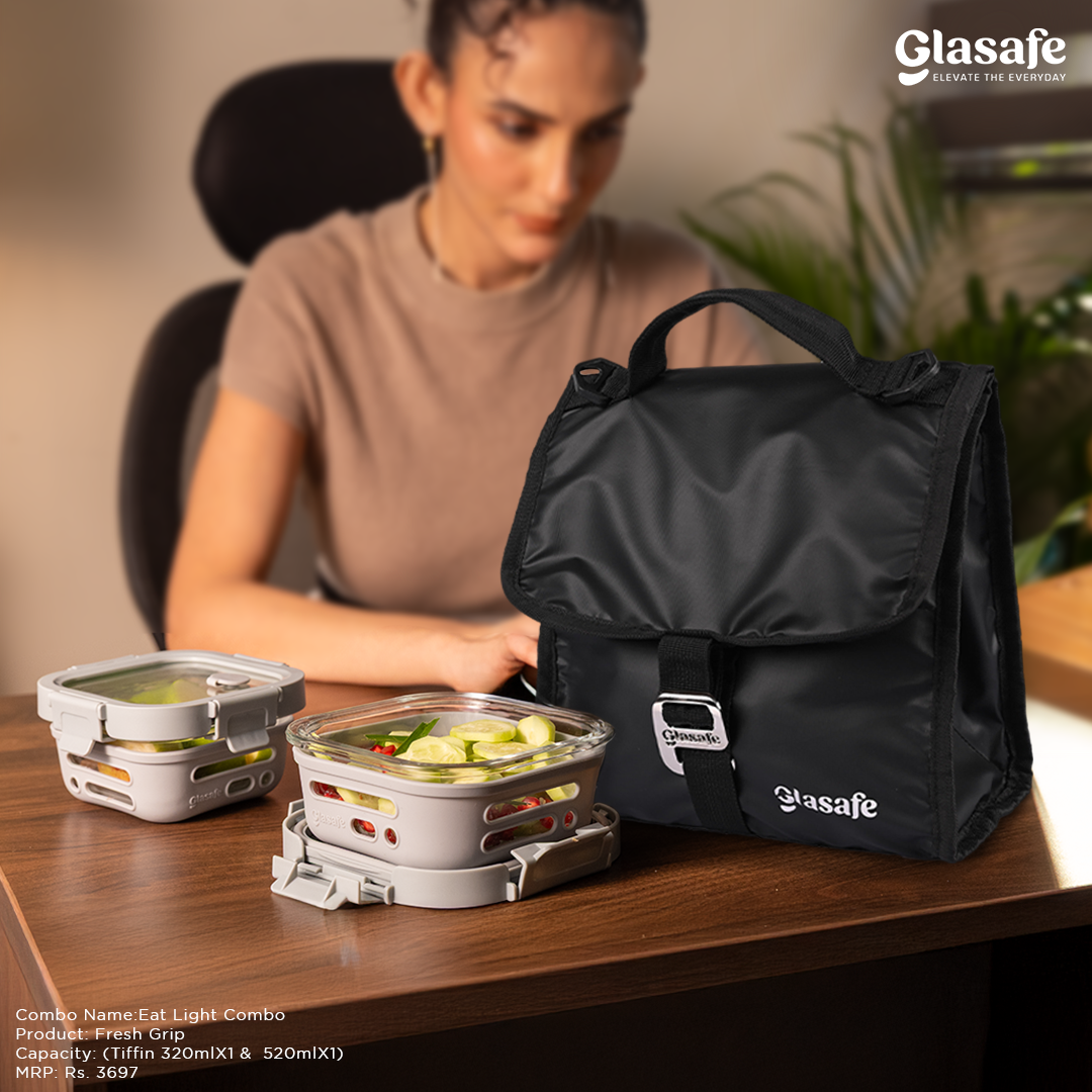 Glasafe Eat Light Combo with Lunch bag Set of 3 (Tiffin: 320mlx1 + 520mlx1)