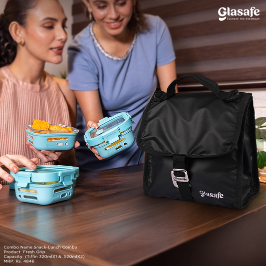 Glasafe Snack Lunch Combo with Lunch Bag Set of 3 (Tiffin: 320mlx1 + 520mlx2)