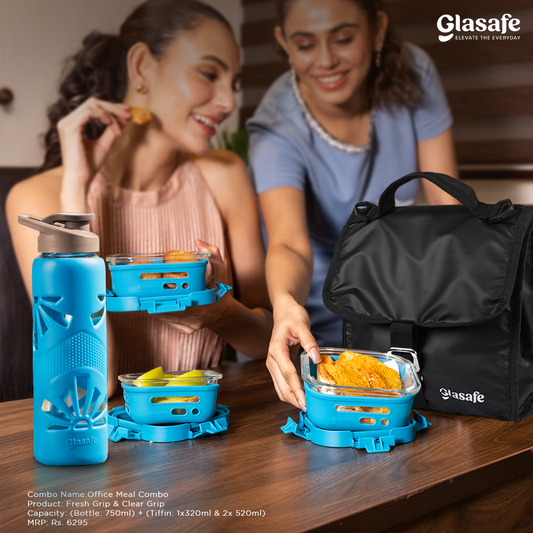Glasafe Office Meal Combo with Lunch Bag Set of 5 (Tiffin: 320mlx1 + 520mlx2 + Bottle: 750ml)