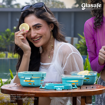 Glasafe Snack Lunch Combo with Lunch Bag Set of 3 (Tiffin: 320mlx1 + 520mlx2)