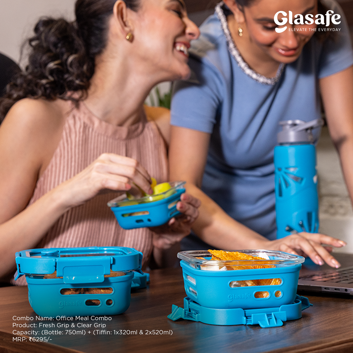 Glasafe Office Meal Combo with Lunch Bag Set of 5 (Tiffin: 320mlx1 + 520mlx2 + Bottle: 750ml)