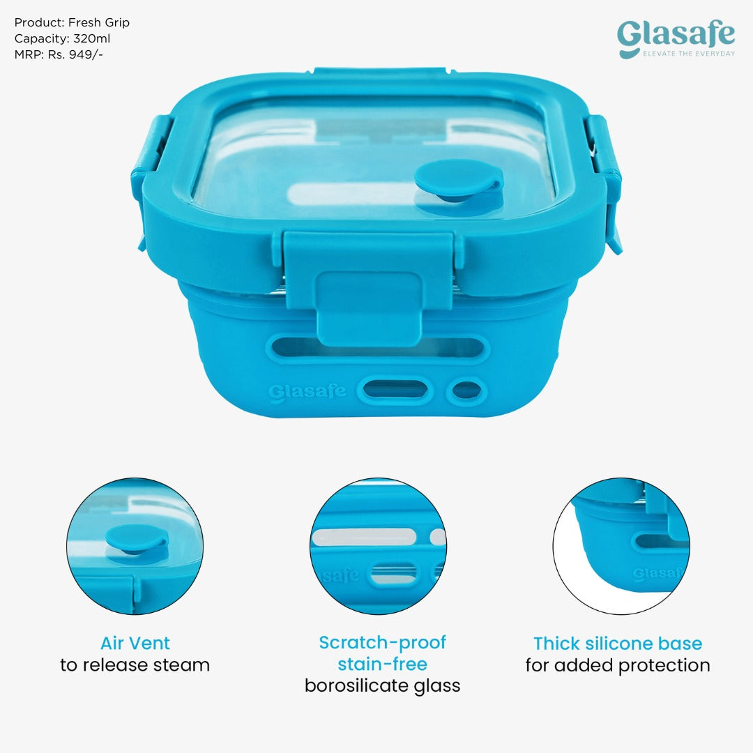 Glasafe Office Meal Combo with Lunch Bag Set of 5 (Tiffin: 320mlx1 + 520mlx2 + Bottle: 750ml)