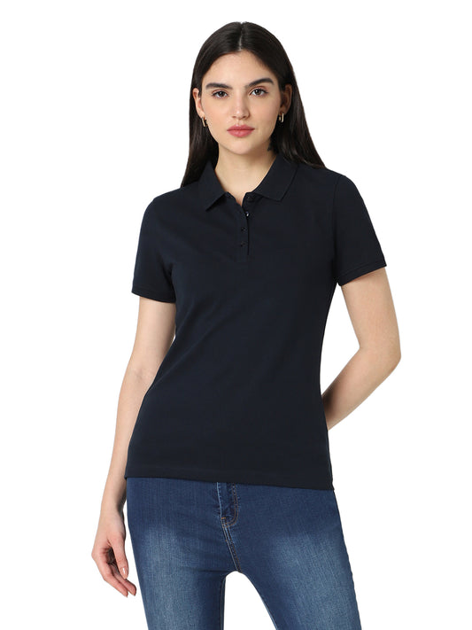 Vero Moda Solid/Plain Polo - Navy Blue
